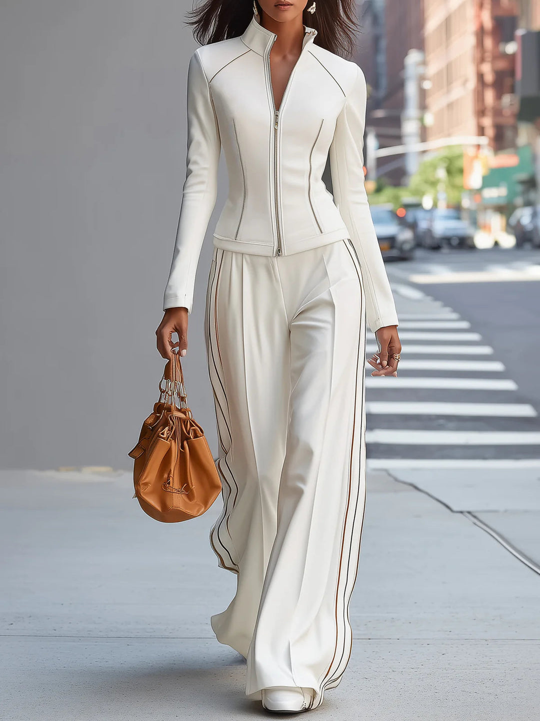Lena | Round-Neck Top and Wide-Leg Pants Set for Women in White