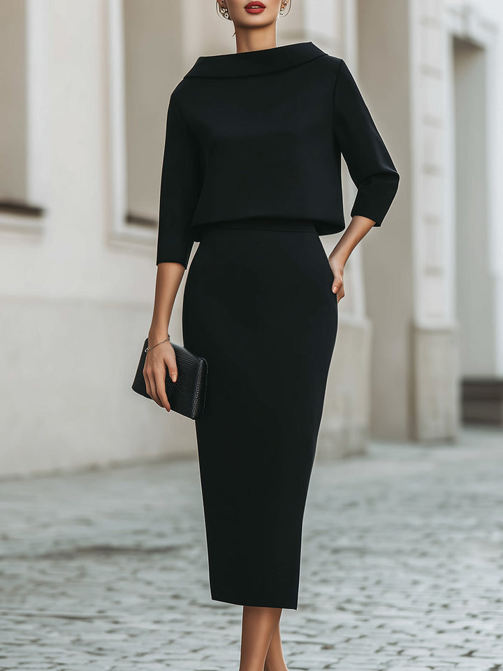Alma | Boat-Neck Top and Pants Set for Women in Black