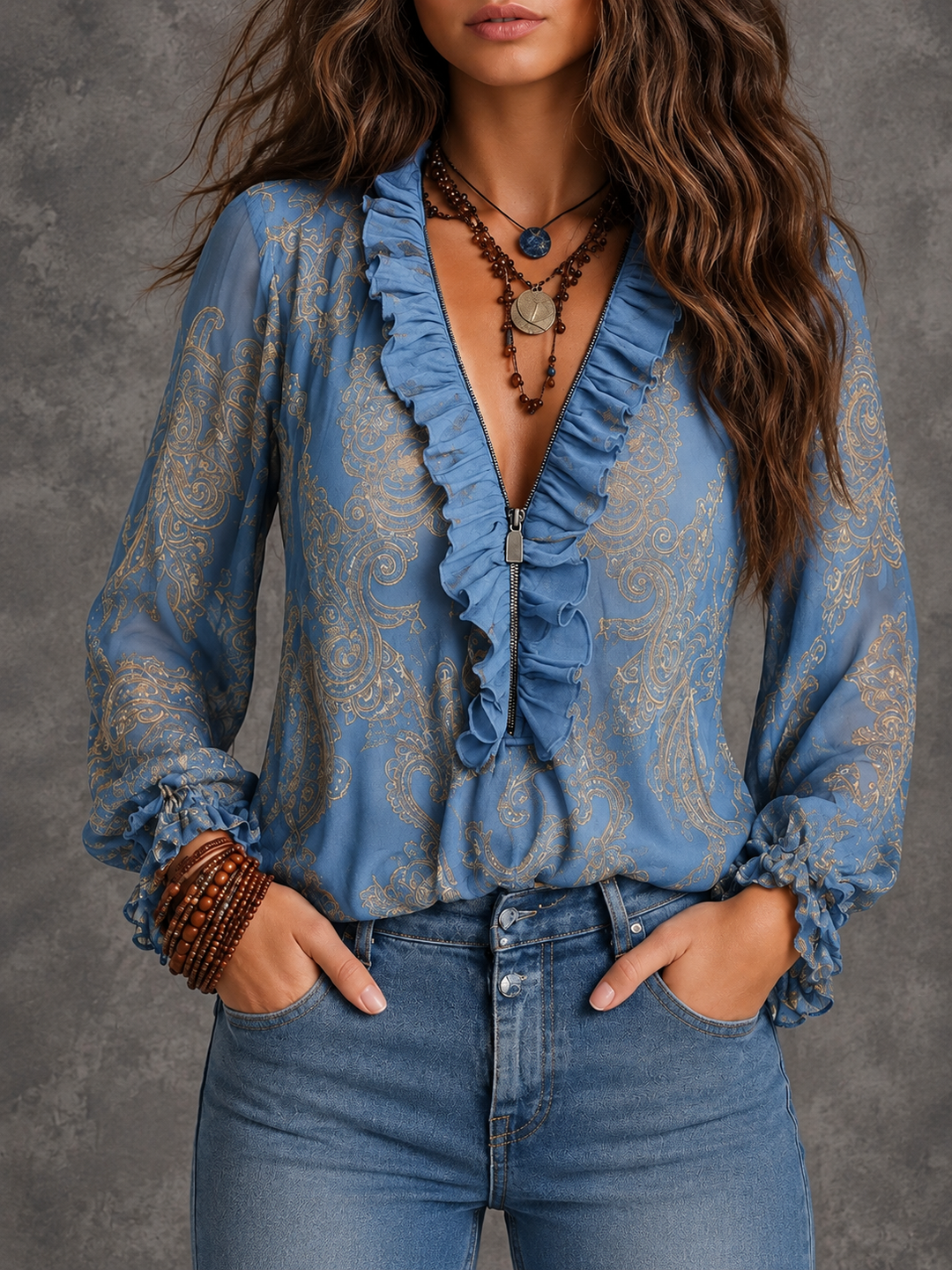 Delia | Paisley Ruffle-Neck Blouse for Women in Sky Blue
