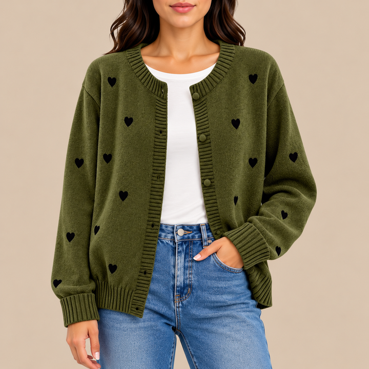 Juno | Heart Pattern Button Cardigan for Women in Green