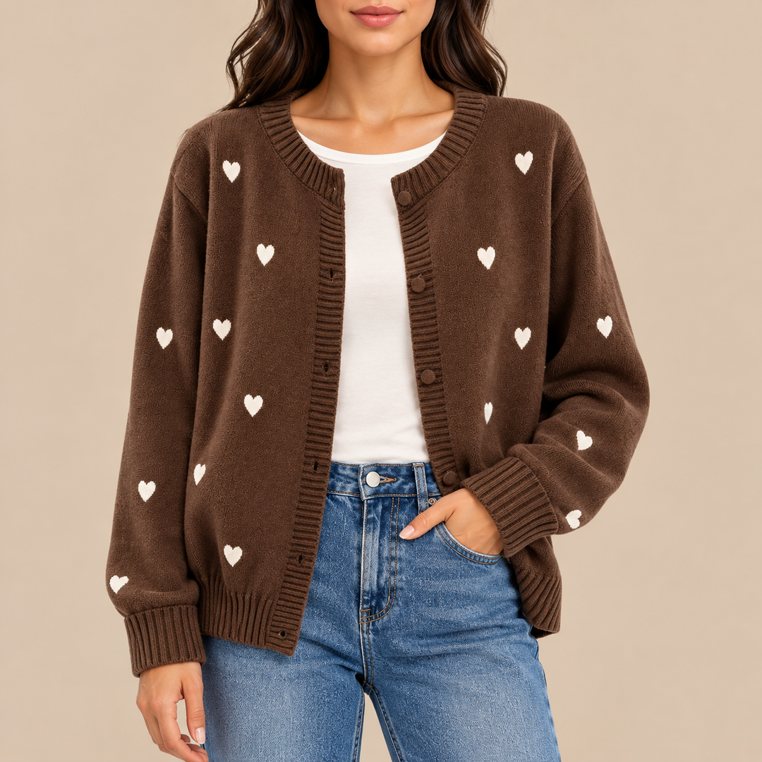 Juno | Heart Pattern Button Cardigan for Women in Coffee