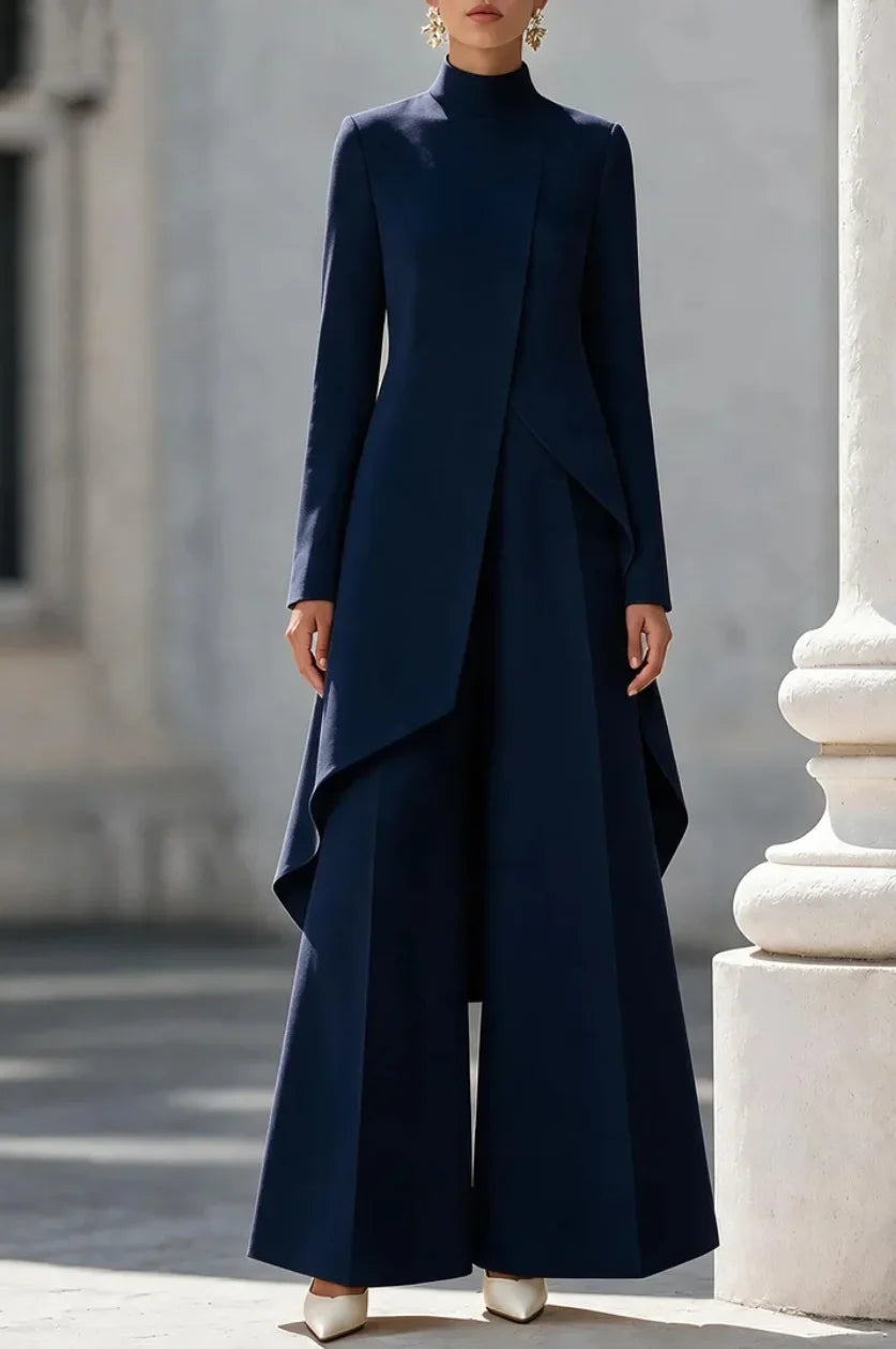 Nora | Mock-Neck Top and Wide-Leg Pants Set for Women in Navy Blue