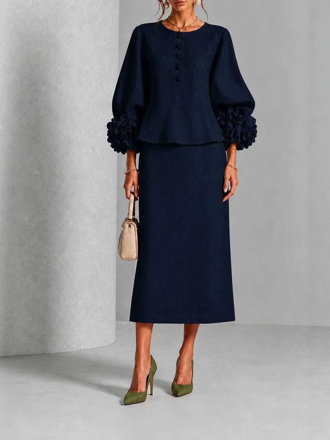 Camille | Flower-Detail Peplum Top and Midi Skirt Set for Women in Deep Blue
