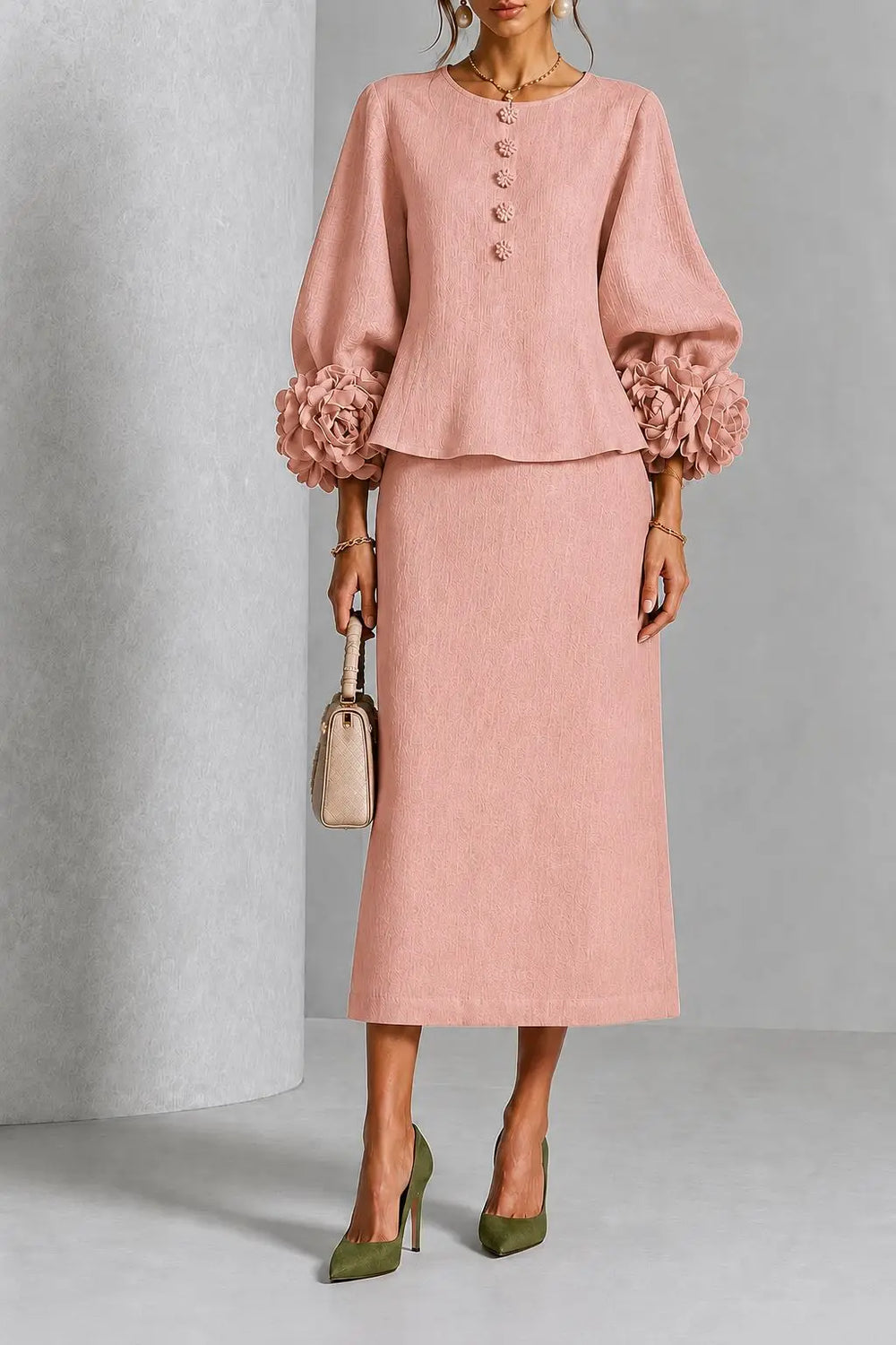 Camille | Flower-Detail Peplum Top and Midi Skirt Set for Women in Pink