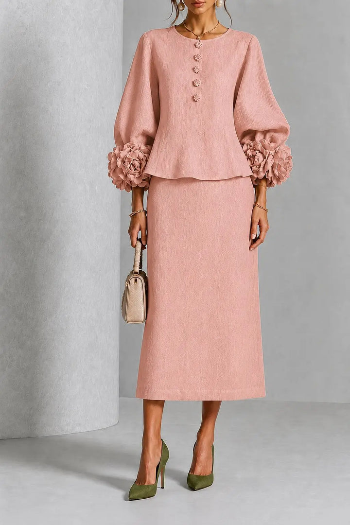 Camille | Flower-Detail Peplum Top and Midi Skirt Set for Women in Pink