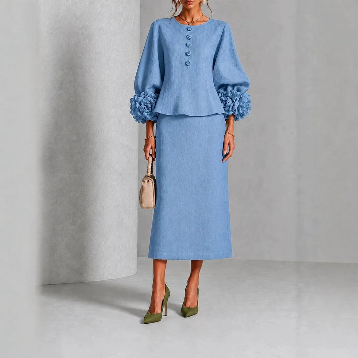Camille | Flower-Detail Peplum Top and Midi Skirt Set for Women in Sky Blue