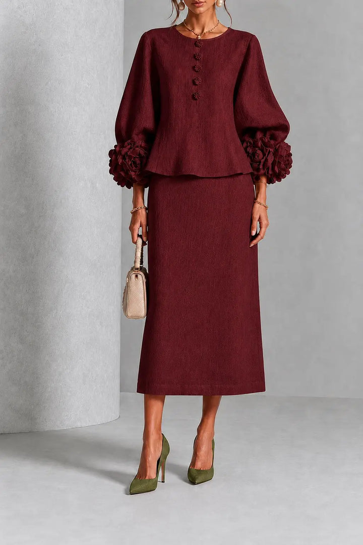 Camille | Flower-Detail Peplum Top and Midi Skirt Set for Women in Burgundy