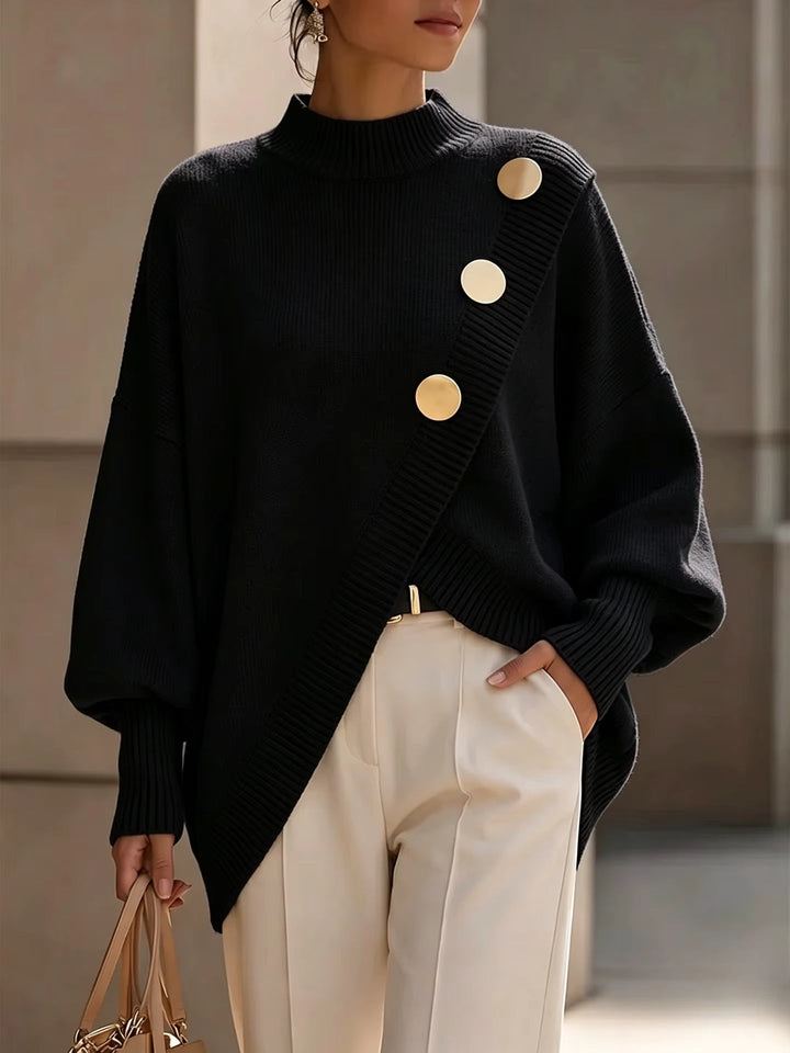 Etta | Button-Detail Crewneck Sweater for Women in Black