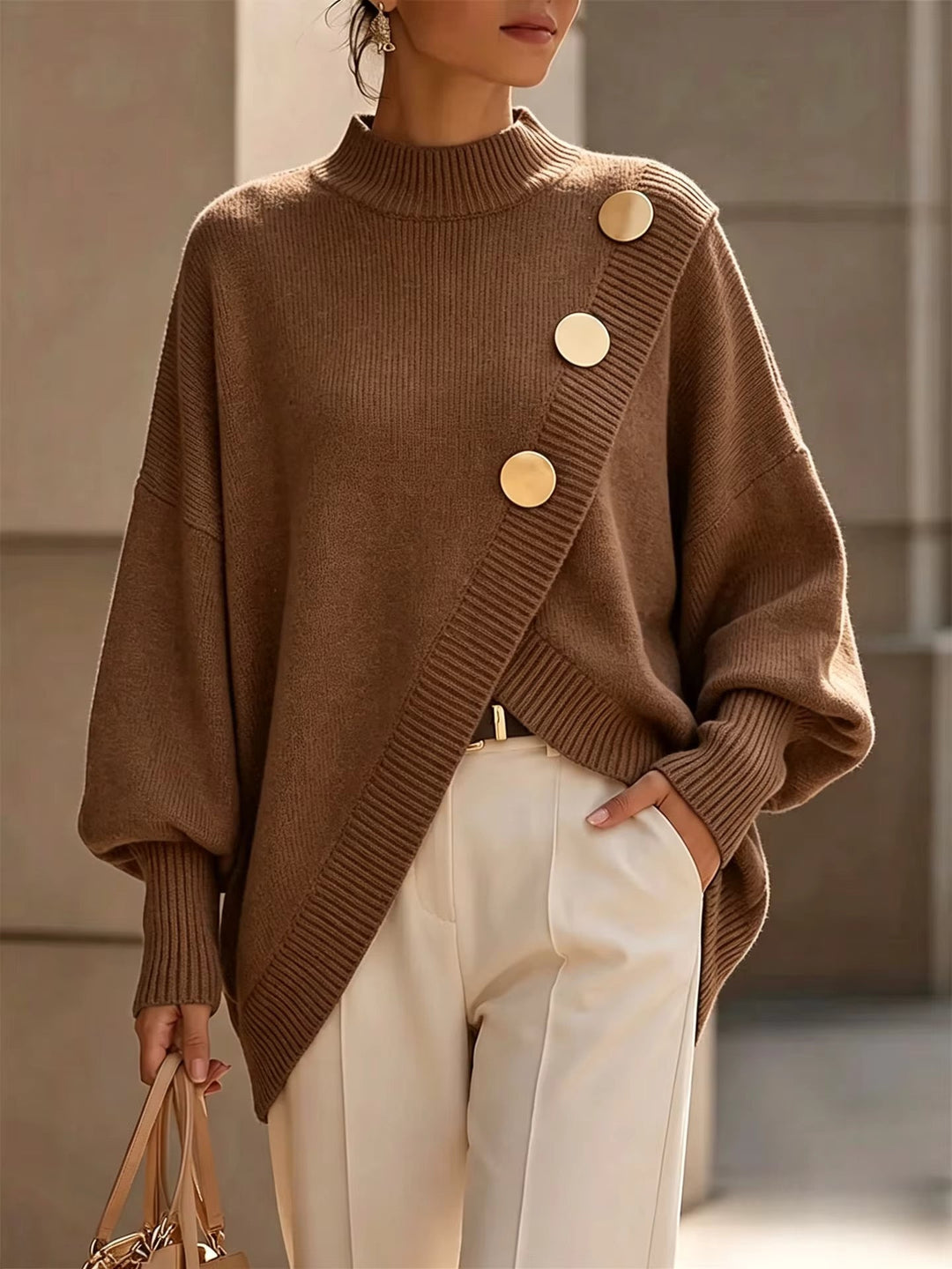 Etta | Button-Detail Crewneck Sweater for Women in Dark Brown