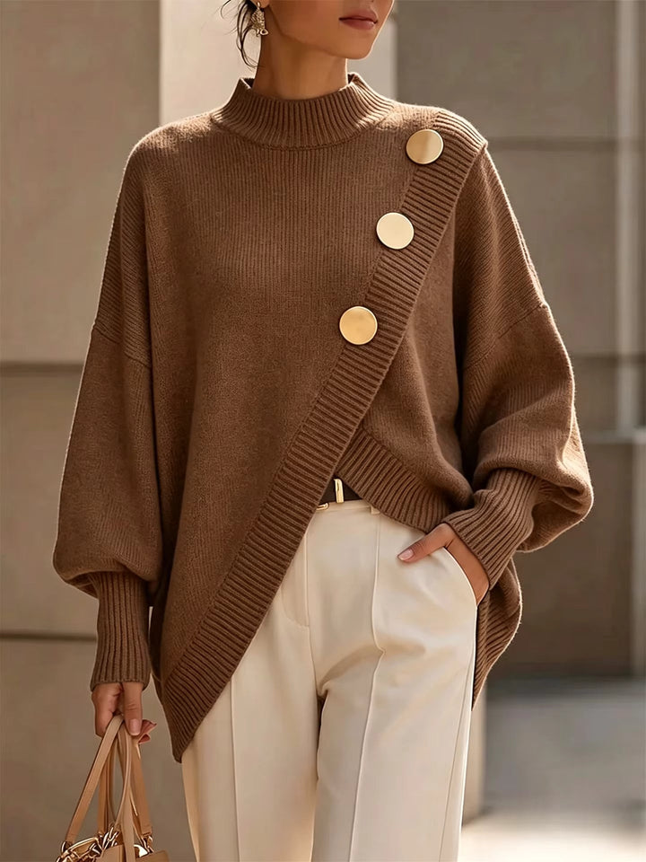 Etta | Button-Detail Crewneck Sweater for Women in Dark Brown