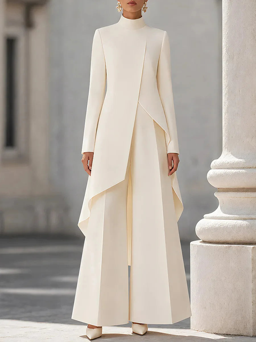 Nora | Mock-Neck Top and Wide-Leg Pants Set for Women in Beige