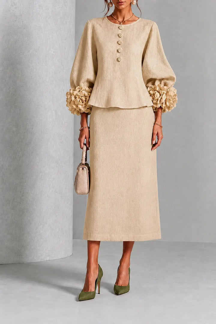 Camille | Flower-Detail Peplum Top and Midi Skirt Set for Women in Apricot