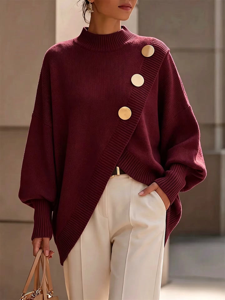Etta | Button-Detail Crewneck Sweater for Women in Burgundy