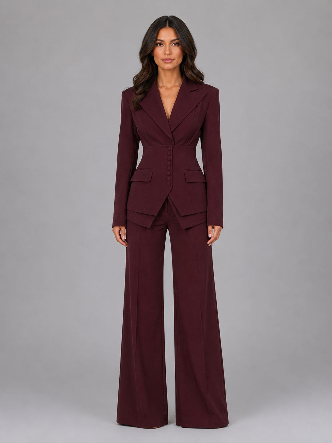 Celine | Cinched-Waist Wide-Leg Pants Suit for Women in Burgundy