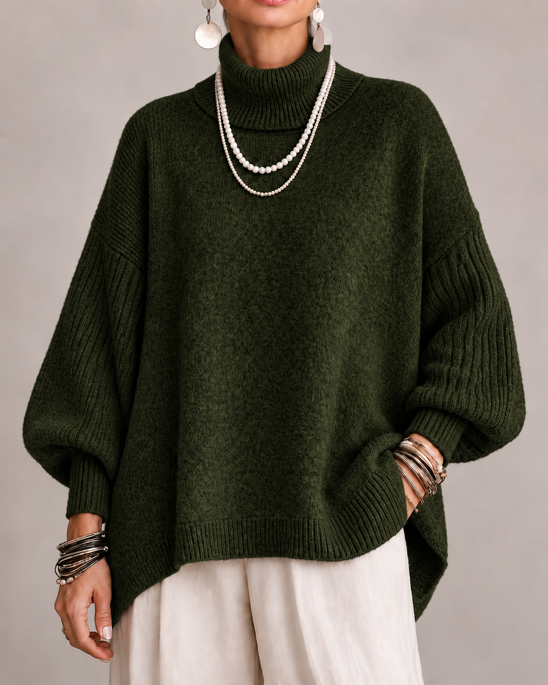 Ada | Draped High-Neck Sweater for Women in Dark Green