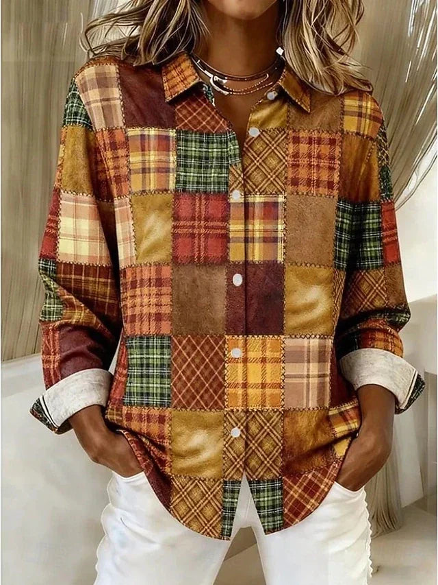 Romy | Vintage Patchwork Button-Front Blouse for Women in Light Brown