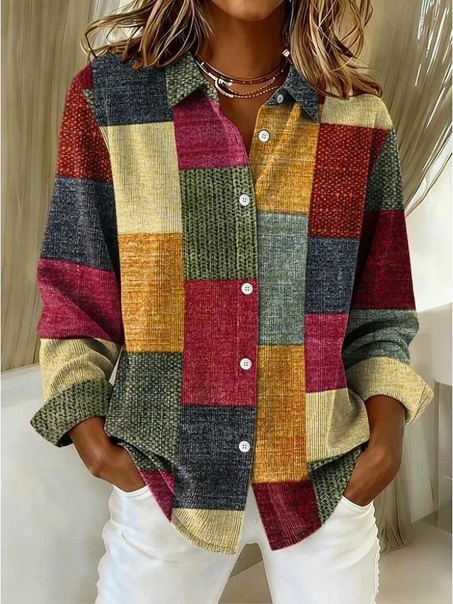 Romy | Vintage Patchwork Button-Front Blouse for Women in Brown