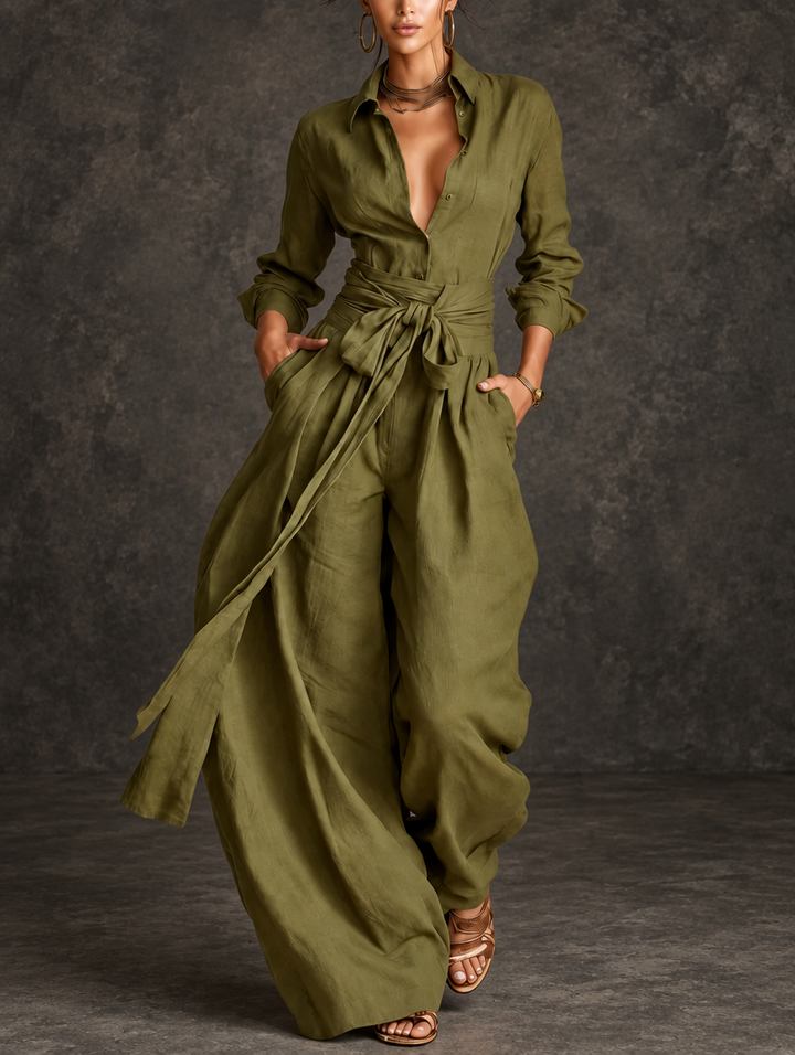 June | Tie-Waist Shirt and Wide-Leg Pants Set for Women in Olive