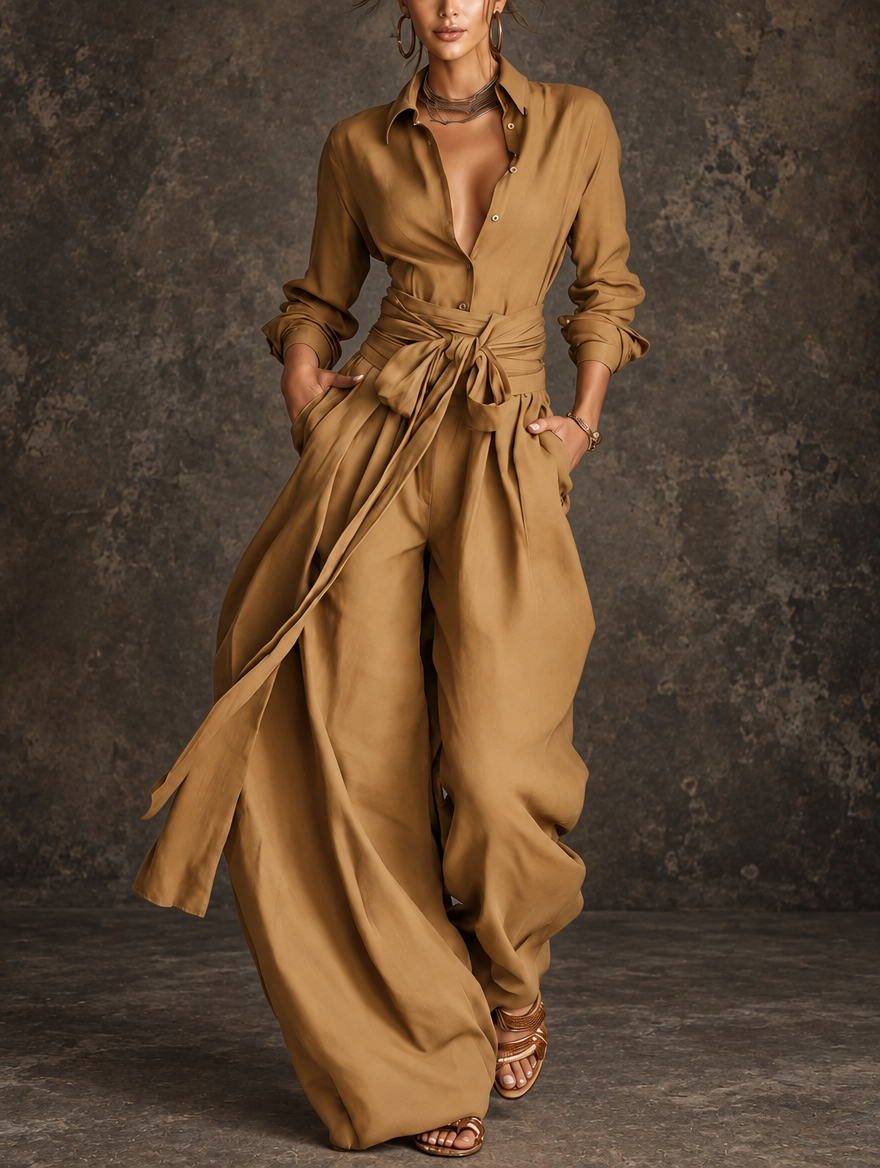 June | Tie-Waist Shirt and Wide-Leg Pants Set for Women in Camel