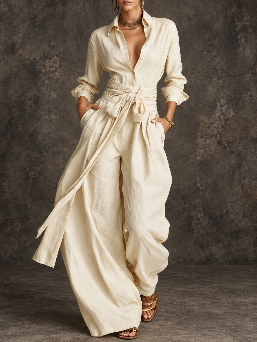 June | Tie-Waist Shirt and Wide-Leg Pants Set for Women in Cream