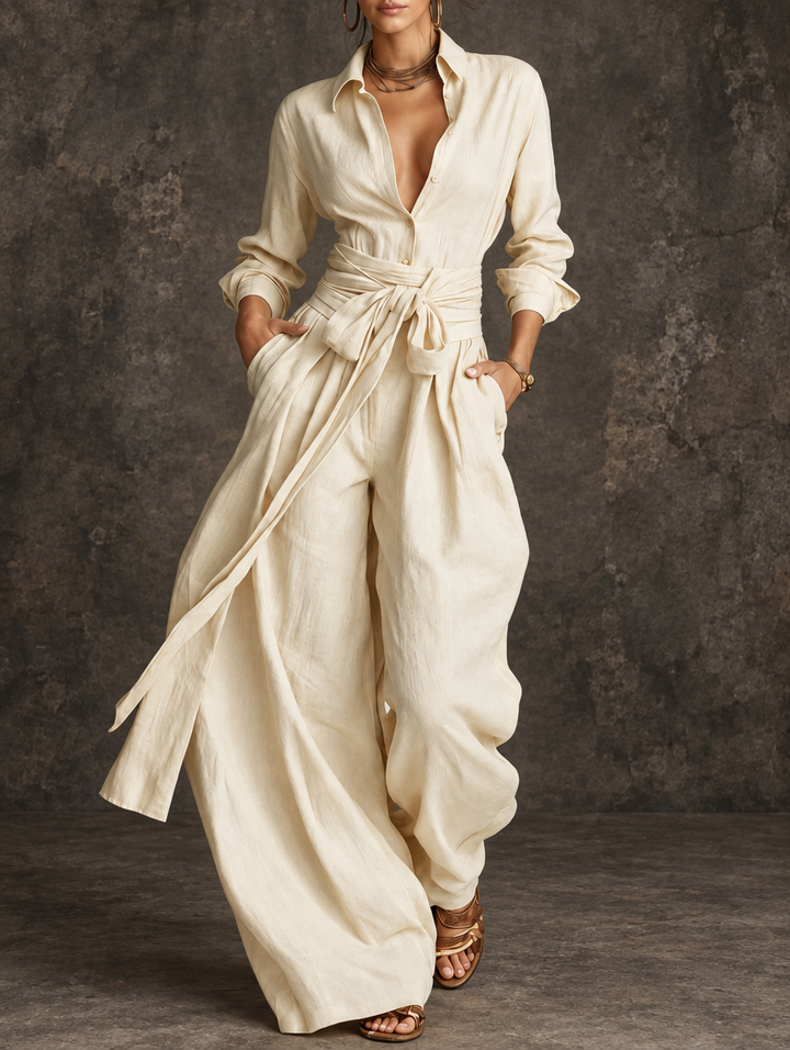 June | Tie-Waist Shirt and Wide-Leg Pants Set for Women in Cream