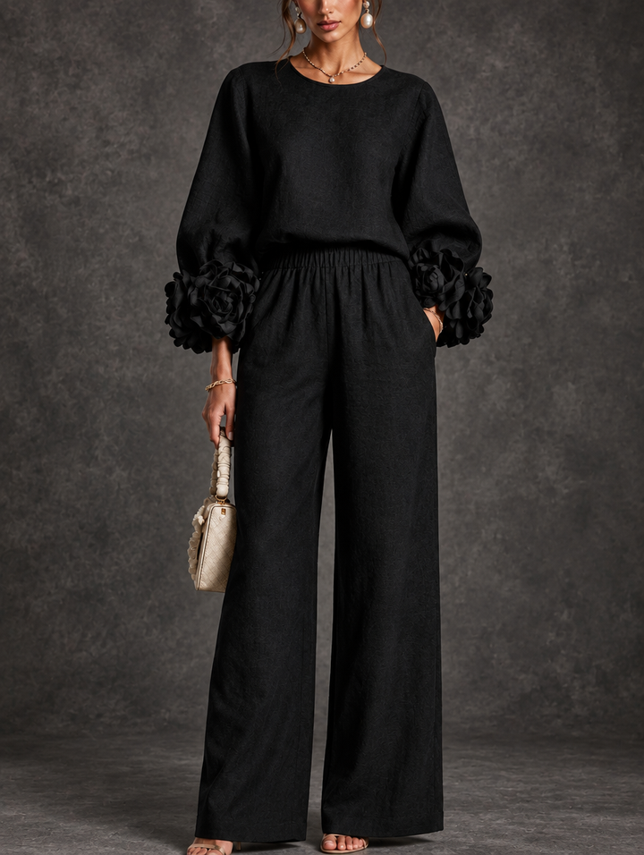 Odile | Floral-Cuff Two-Piece Pants Set for Women in Black