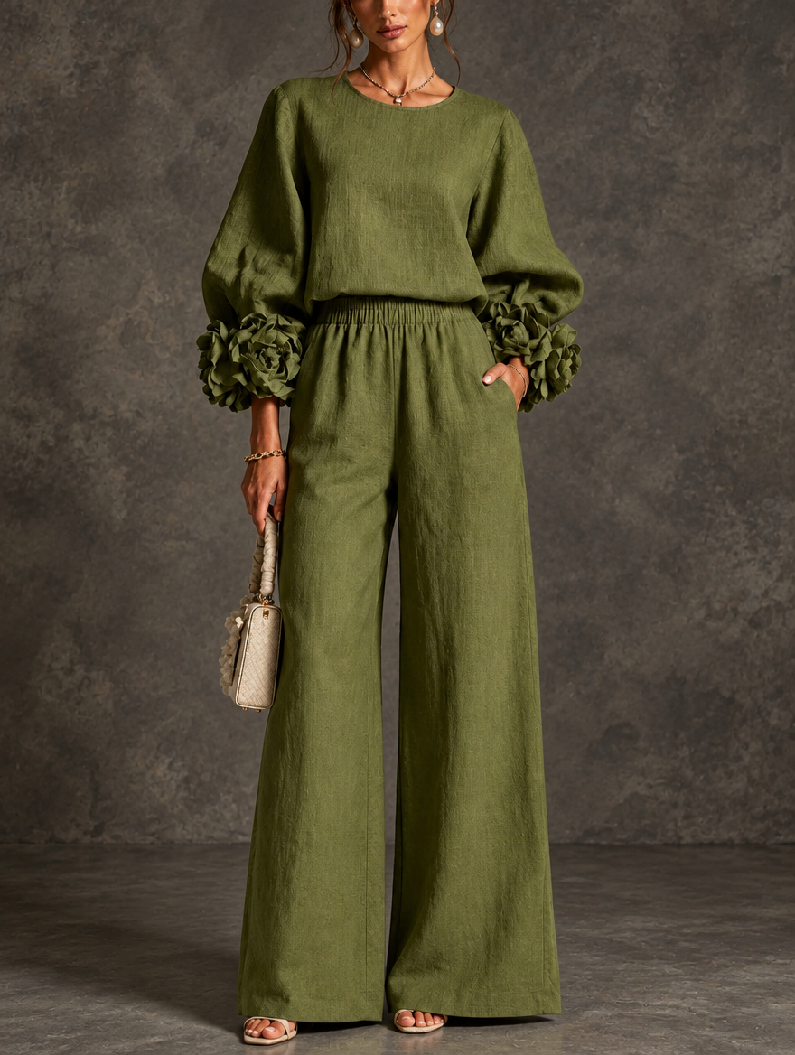 Odile | Floral-Cuff Two-Piece Pants Set for Women in Green