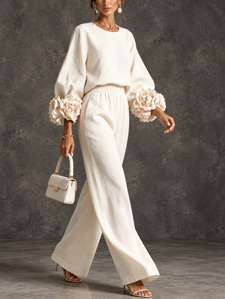 Odile | Floral-Cuff Two-Piece Pants Set for Women in White