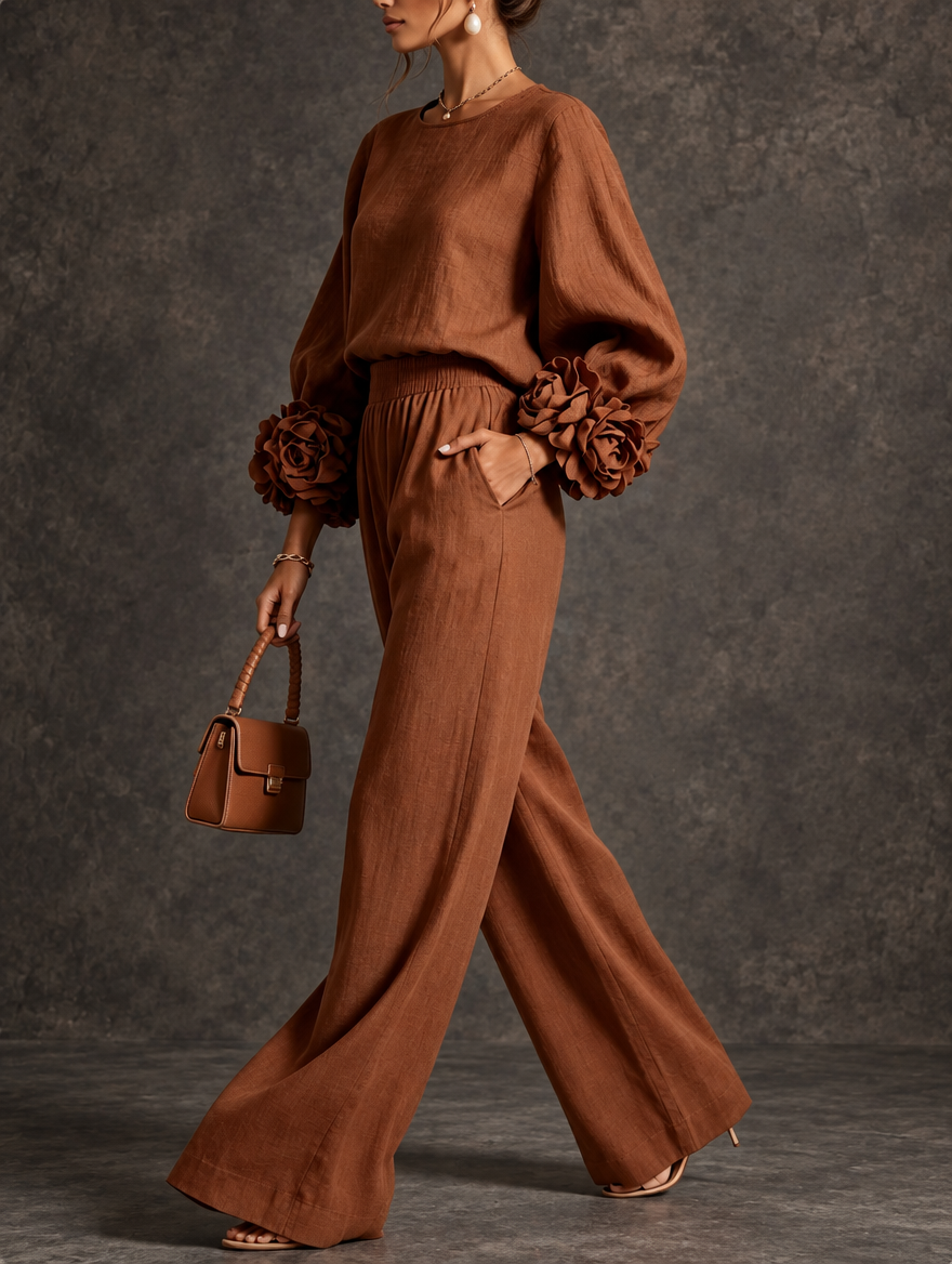 Odile | Floral-Cuff Two-Piece Pants Set for Women in Brown