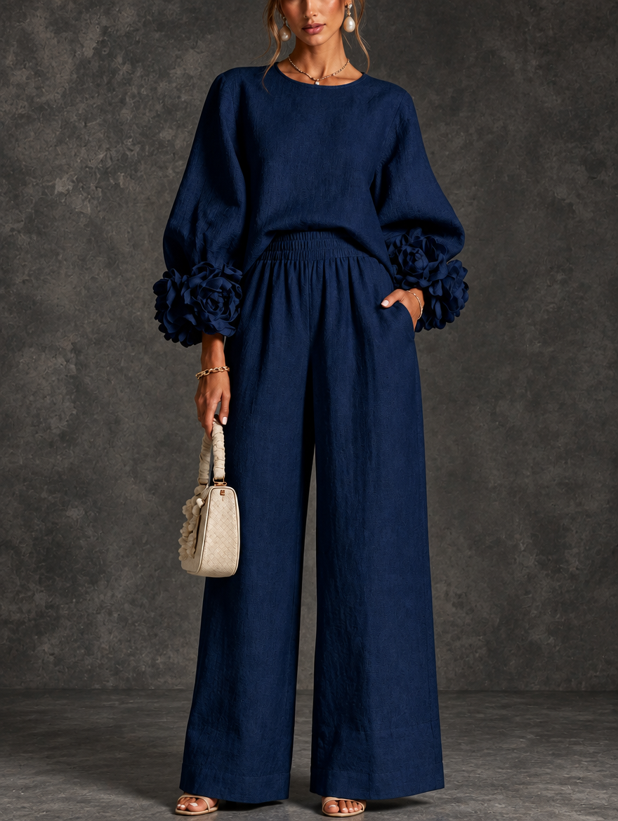 Odile | Floral-Cuff Two-Piece Pants Set for Women in Navy Blue