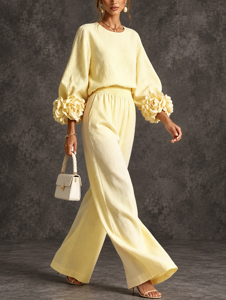 Odile | Floral-Cuff Two-Piece Pants Set for Women in Yellow