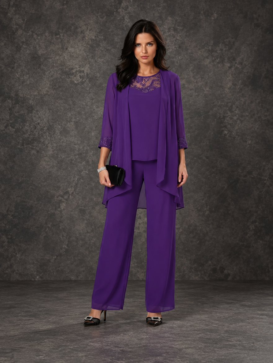 Celeste | Embellished Three-Piece Pants Set for Women in Purple