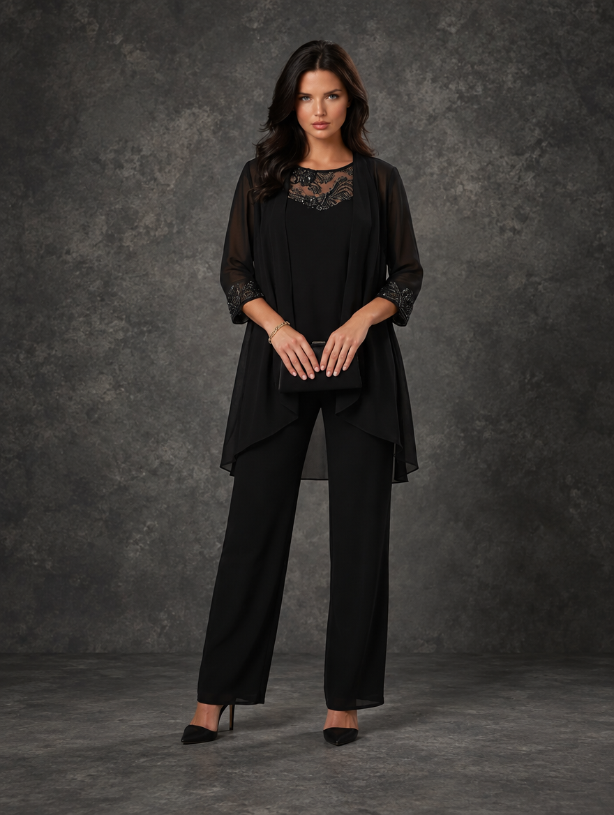 Celeste | Embellished Three-Piece Pants Set for Women in Black
