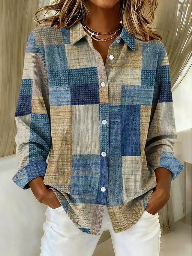 Romy | Vintage Patchwork Button-Front Blouse for Women in Blue