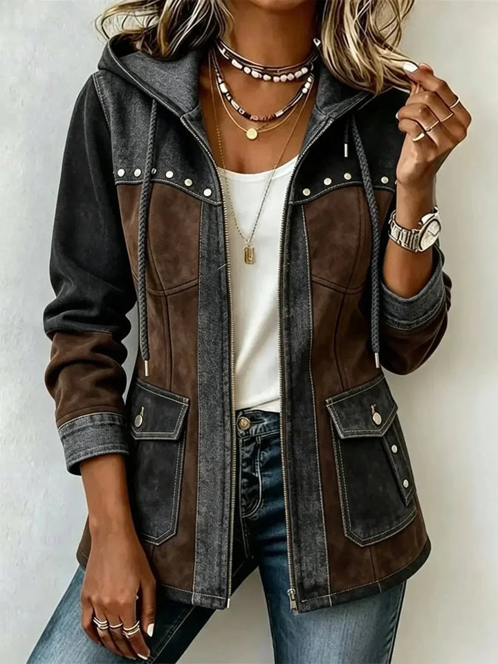 Bea | Two-Tone Hooded Jacket for Women in Charcoal / Brown