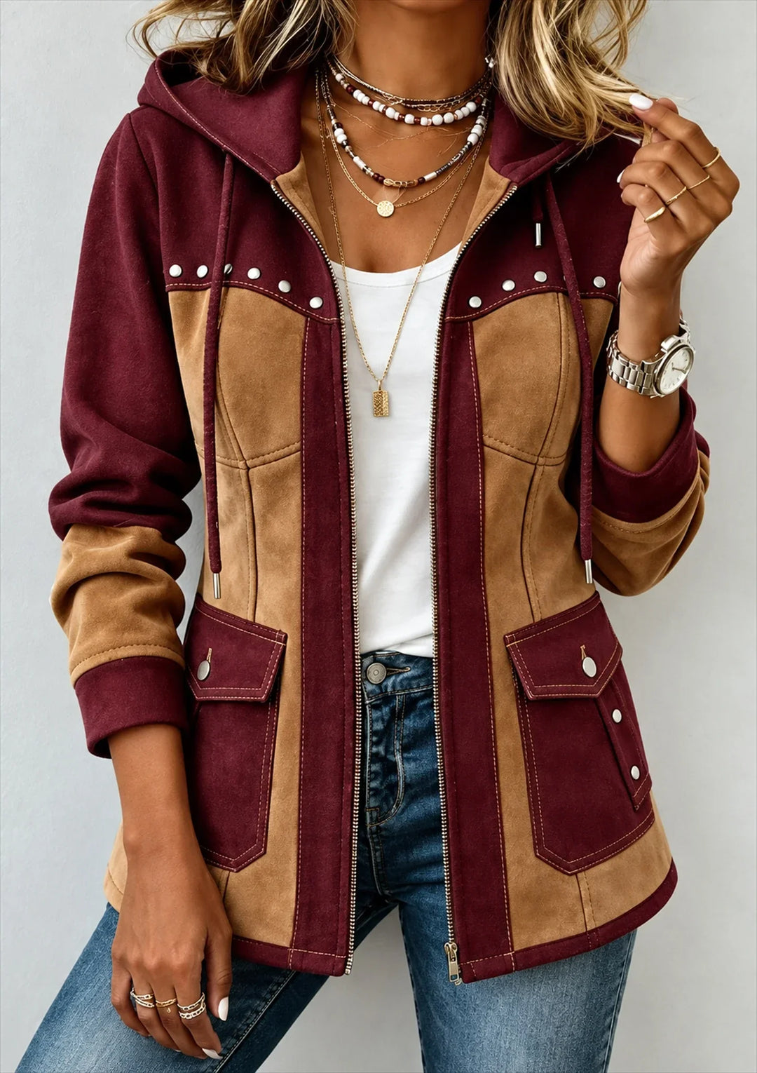 Bea | Two-Tone Hooded Jacket for Women in Burgundy / Camel