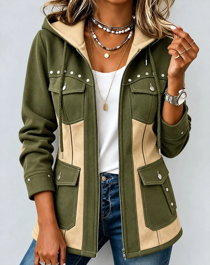 Bea | Two-Tone Hooded Jacket for Women in Olive / Beige