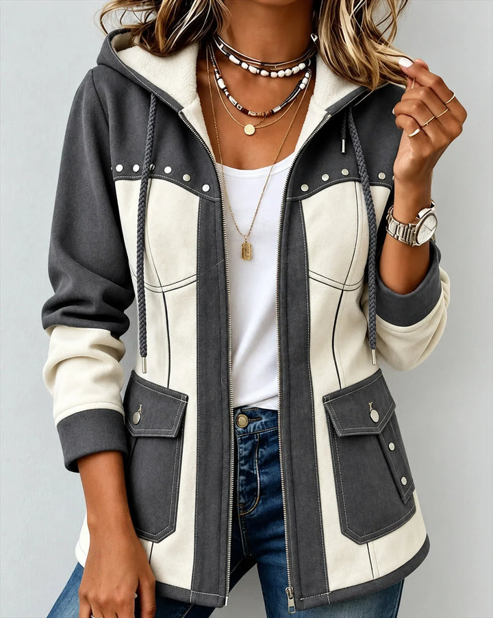 Bea | Two-Tone Hooded Jacket for Women in Charcoal / Ecru